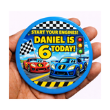 Personalised Racing Car Birthday Badge – Custom Name & Age | Kids Party Badge (Pink, Blue)