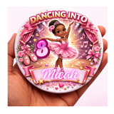 Personalised Ballerina Birthday Badge – Black Girl Dance Theme, Custom Name & Age