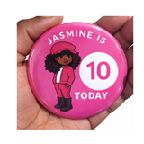 Personalised Black Girl Birthday Badge – Custom Name & Age Pink Badge