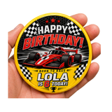 Personalised Racing Car Birthday Badge – Any Name & Age (4 Colours)