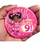 Personalised Cheerleader Birthday Badge – Black Girl Custom Name & Age Badge