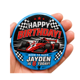 Personalised Racing Car Birthday Badge – Any Name & Age (4 Colours)