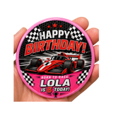 Personalised Racing Car Birthday Badge – Any Name & Age (4 Colours)