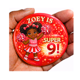Personalised Cheerleader Birthday Badge – Black Girl Custom Name & Age Badge