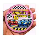 Personalised Racing Car Birthday Badge – Custom Name & Age | Kids Party Badge (Pink, Blue)