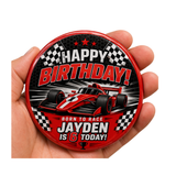 Personalised Racing Car Birthday Badge – Any Name & Age (4 Colours)