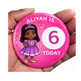 Personalised Black Girl Birthday Badge – Custom Name & Age Pink Badge