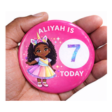 Personalised Black Girl Birthday Badge – Custom Name & Age Pink Badge