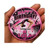 Gymnastics Birthday Badge – Flipping Into Age Personalised Badge – Custom Name Gymnast Gift