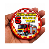 Personalised Fire Engine Birthday Badge – “Sound the Alarm” Custom Name & Age Badge | Firefighter Party Badge | Kids Birthday Pin