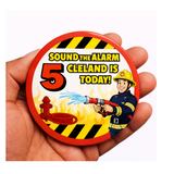 Personalised Fire Engine Birthday Badge – “Sound the Alarm” Custom Name & Age Badge