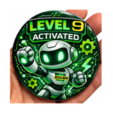 Personalised Level 9 Activated Robot theme Birthday Badge – 75mm