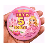 Personalised Princess Birthday Badge – Custom Name & Age | Girls Party Badge (Pink)
