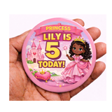 Personalised Black Princess Birthday Badge – Custom Name & Age | Girls Birthday Badge (Pink)