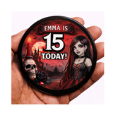 Personalised Gothic Birthday Badge – Custom Name & Age (Black & Red)