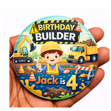 Personalised Construction Birthday Badge| Digger Party Badge For Kids 75mm