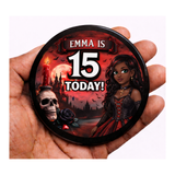 Personalised Gothic Birthday Badge – Custom Name & Age (Black & Red)