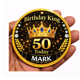 Personalised Birthday King Badge – Custom Name & Age Black Gold Crown Design, 75mm UK