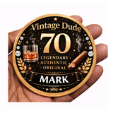 Personalised 70th Birthday Badge – Vintage Dude 70 Badge Custom Name Black Gold UK