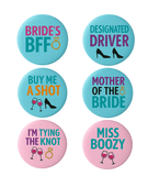 Hen Party Badge Set – 6 Funny 75mm Bridal Shower Pins | CamieRoseUK