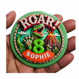 Personalised Roar T-Rex Birthday Badge – 75mm Customised pin by CamieRoseUK