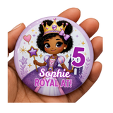 Personalised Princess Birthday Badge – Black Girl Royal Theme, Custom Name & Age