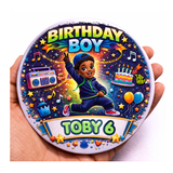 Personalised Birthday Badge – Black Boy & Girl Hip Hop Theme, Custom Name & Age