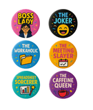 Funny Office Party Badge Set – 6 Work Leaving, Promotion & Retirement Pins