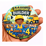 Personalised Construction Birthday Badge for Black Kids | Digger Party Badge 75mm UK