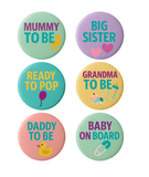 Baby Shower Badge Set – 6 Family Pins for Gender Reveal Party (Boy, Girl, Neutral) by CamieRoseUK