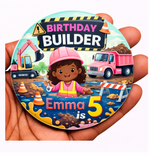 Personalised Construction Birthday Badge for Black Kids | Digger Party Badge 75mm UK