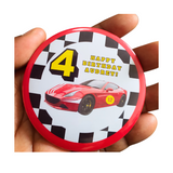 Race Car theme Birthday Badge - 75mm Customized Buttons by Camieroseuk"