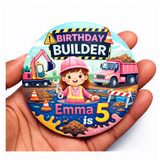 Personalised Construction Birthday Badge| Digger Party Badge For Kids 75mm