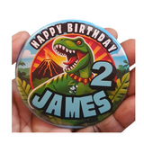 Personalised T-Rex Birthday Badge – Handmade 75mm Dinosaur Gift for Kids