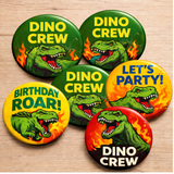 Pack of 6 Dino Crew Birthday Badges – T-Rex Edition