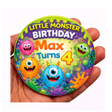 Personalised Monster Birthday Badge – Cute Little Monster Party Badge for Kids (75mm)