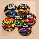 6 Piece Race Crew Birthday Badges – Car Party Badge Set