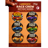 6 Piece Race Crew Birthday Badges – Car Party Badge Set