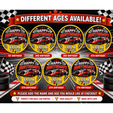 Personalised Racing Car Birthday Badge – Any Name & Age (4 Colours)