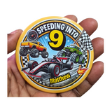 Speeding into 9, Handmade 75mm Race Car Birthday Badge