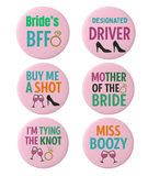 Hen Party Badge Set – 6 Funny 75mm Bridal Shower Pins | CamieRoseUK