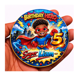 Personalised Superhero Birthday Badge | Black Kids Superhero Party pin for boys and girls.