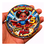 Personalised Superhero Birthday Badge | Black Kids Superhero Party pin for boys and girls.