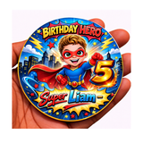 Personalised Superhero theme Birthday Badge | Superhero Party pin for boys and girls.