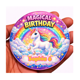 Personalised Unicorn Birthday Badge – 75mm Magical Custom Design