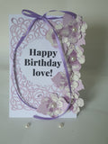 Luxury birthday boxed card, purple grace, handmade at Camieroseuk